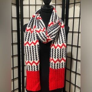 J. Crew Vibrant Red WHITE AND BLUE PATTERN SIX- FOOT—LONG WOVEN  WINTER SCARF!